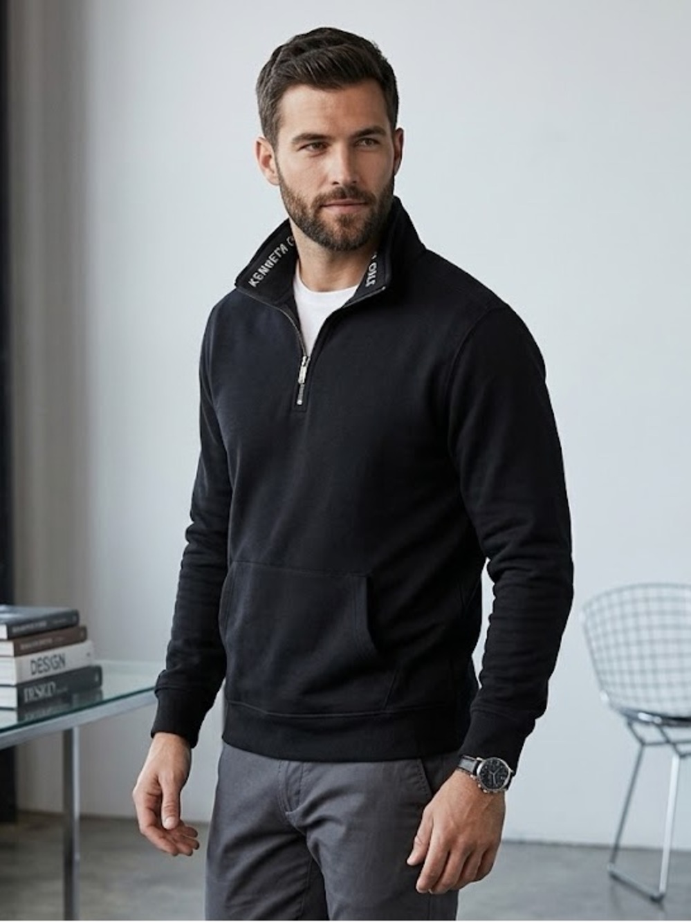 Kenneth Cole Quarter Zip Mock Neck Sweatshirt- Black